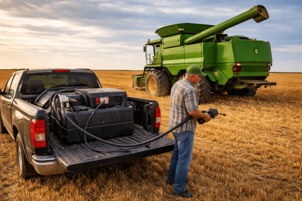 Abastecimento de máquina agrícola no campo com sistema de transferência de combustível