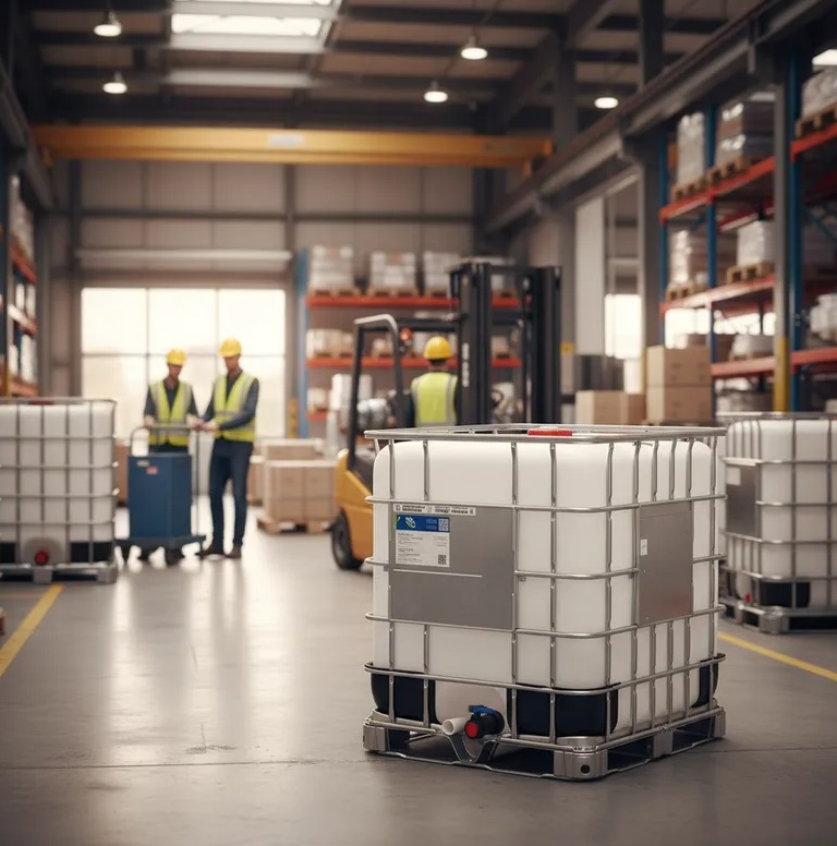 reservatório ibc 1000 litros sendo utilizado para armazenamento de combustível em indústria